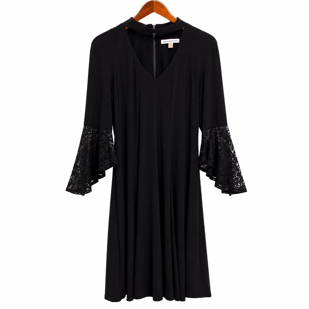 Danny and Nicole Black Lace Bell Sleeve Choker Neck Dress 10 55855MZ